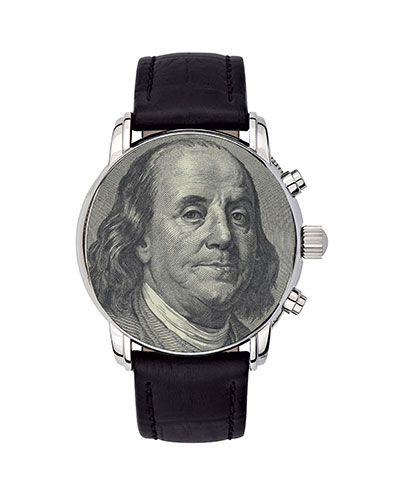 Watch with a hundred dollar bill on its face, symbolizing the ability to earn cash value over time with interest sensitive whole life insurance.