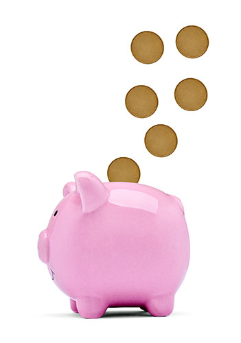 Coins flowing into a piggy bank, representing the cash value component of interest-sensitive whole life insurance