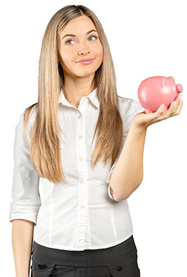 Young woman holding a piggy bank and looking thoughtful, symbolizing the question: do you need life insurance if you have a 401k?