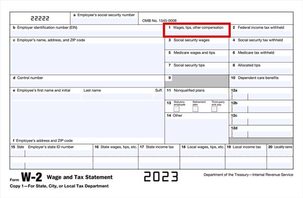 Screenshot of a 2023 W2 form with Box 1 highlighted