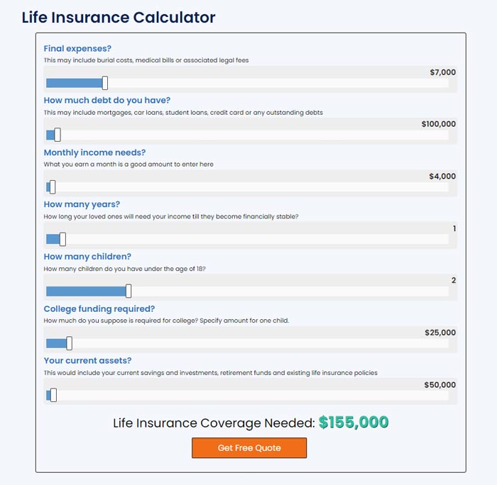 Screenshot of the LifeQuote needs analysis tool, showing the slider elements and the responsive amount of suggested coverage
